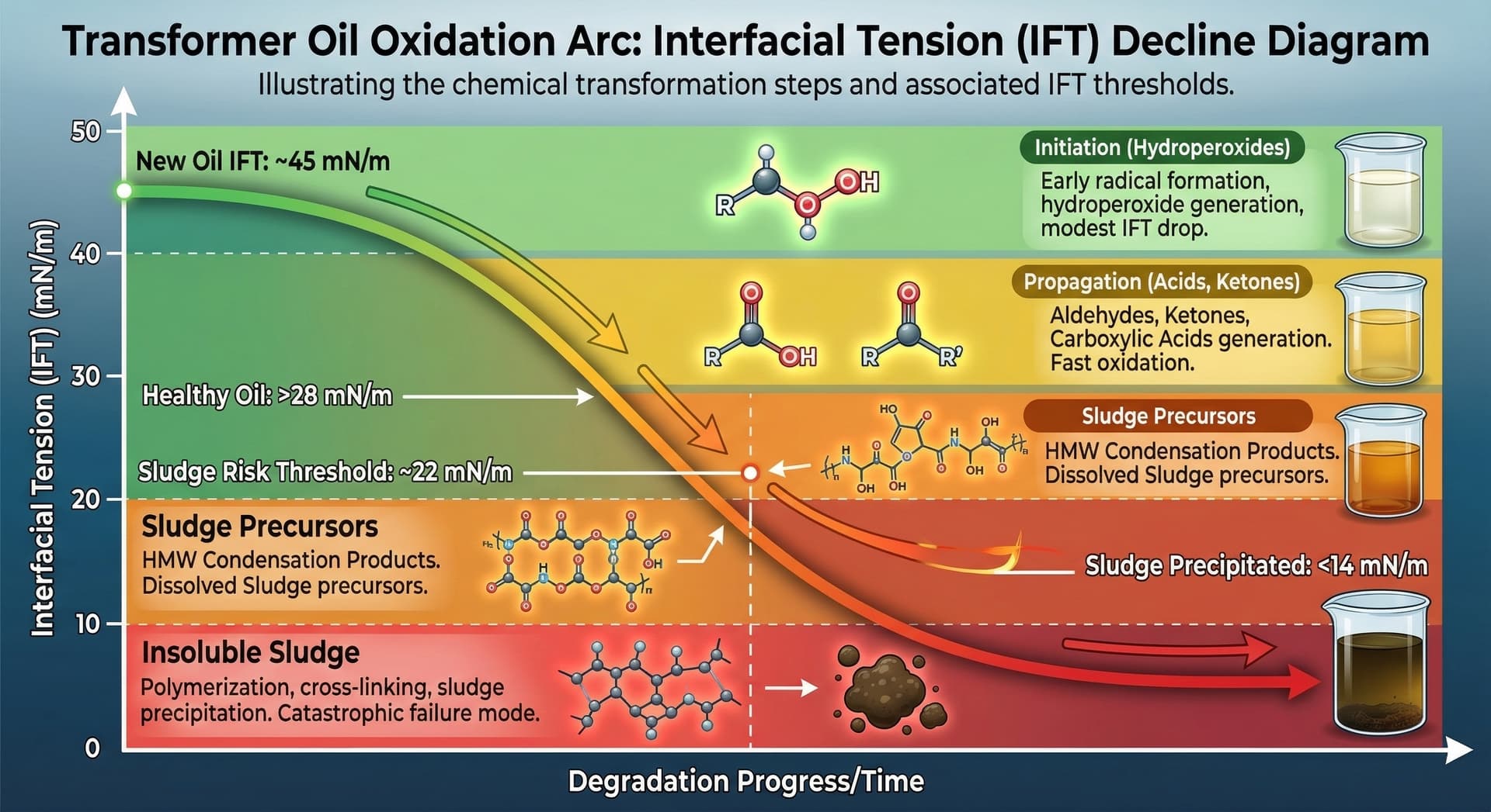 Oxidationsbuen: IFT-faldet følger hele forløbet fra hydroperoxidinitiering over syreopbygning til slamforstadiedannelse.