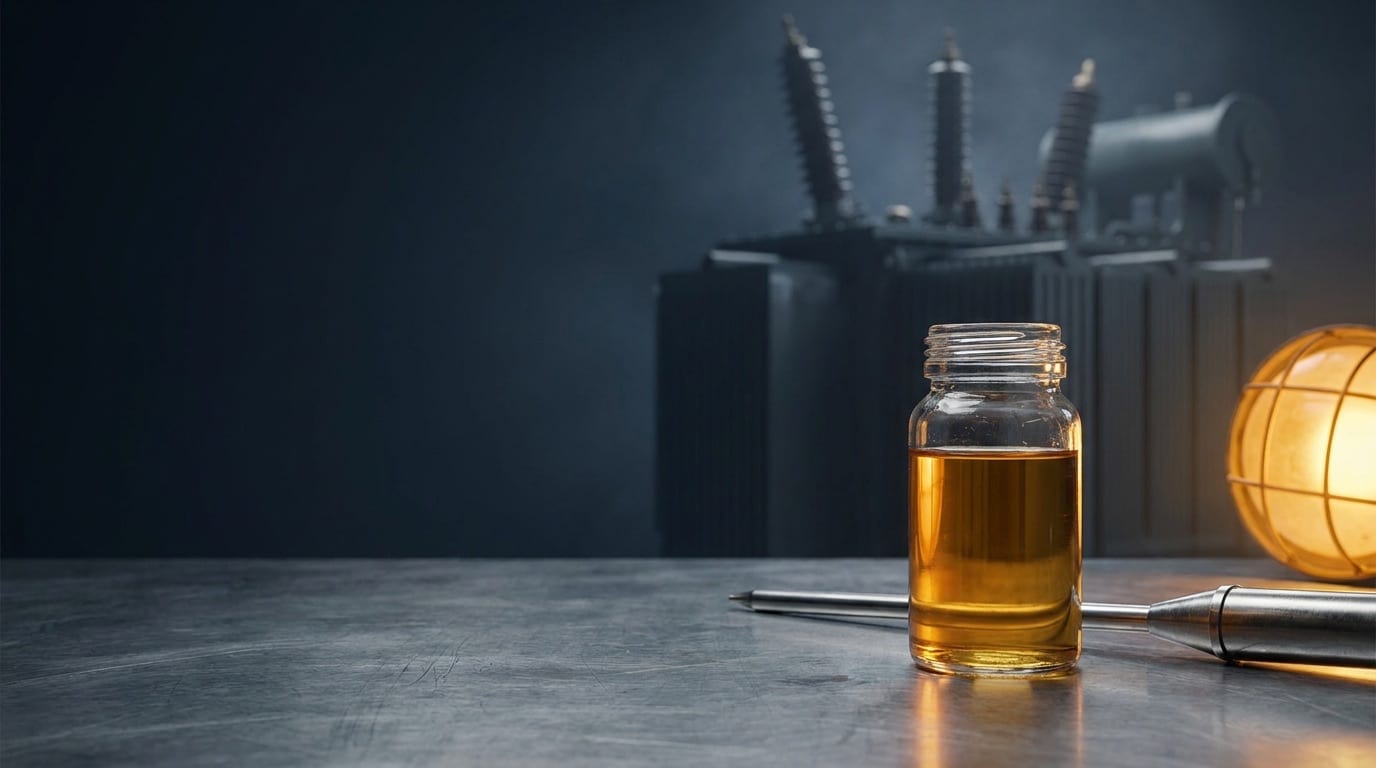 Amber transformer-oil sample and power transformer — TriboTech tribology expertise