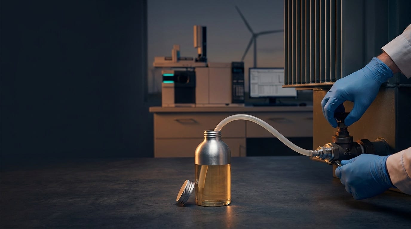 Transformer-oil sampling into an aluminium bottle, lab analysis and wind turbine — TriboTech services