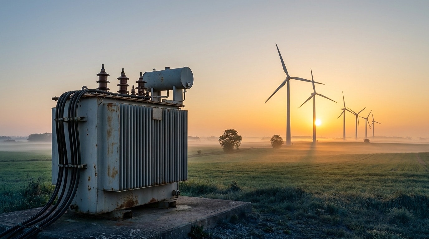 Transformer station with wind turbines at sunrise