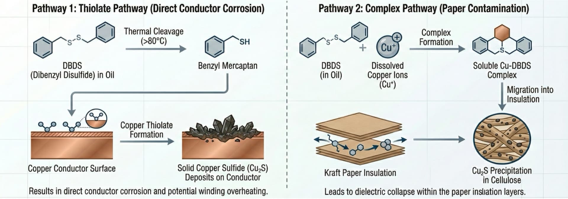 Figur 2: De to reaktionsveje for DBDS-angreb — Thiolat-vejen (venstre) producerer direkte lederkorrosion via benzylmercaptan-adsorption. Kompleks-vejen (højre) forårsager papirkontaminering via olie-migration af et opløseligt Cu-DBDS-mellemprodukt, der nedbrydes i cellulosematrixen.