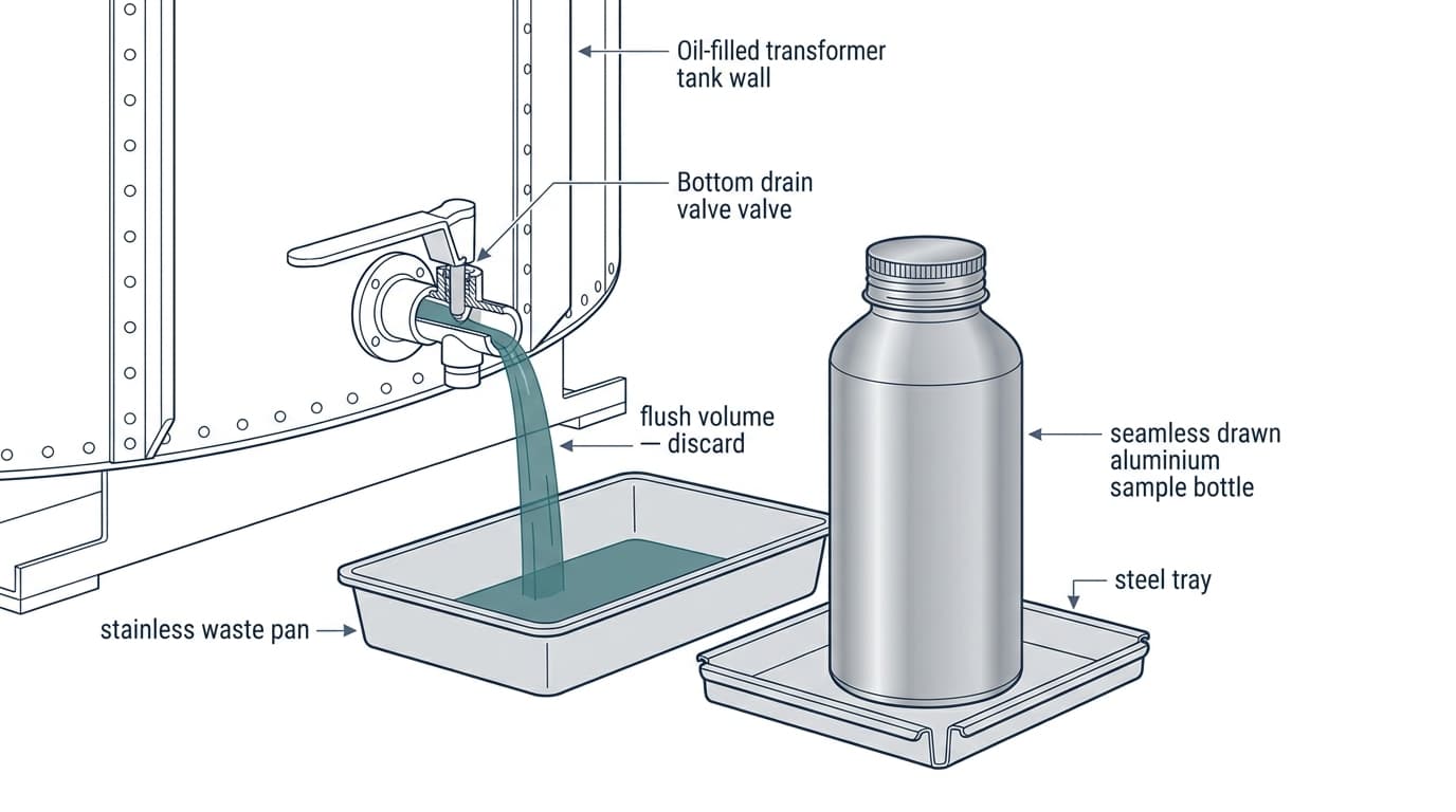 Flush-volumen er ikke spild. Det er det, der mobiliserer akkumuleret vand og partikler ved ventilens orifice (turbulent første trin, IEC 60475:2022 §4.2.1.3) og derefter rydder dødvolumen-olien fra prøvetagningsslangen (§4.2.2.2).