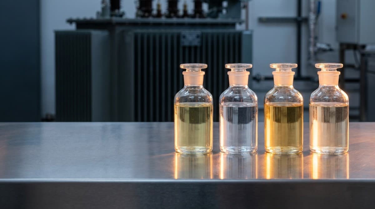 Four identical glass sample bottles of transformer insulating fluid in slightly different pale tones on a laboratory bench, with an oil-filled transformer out of focus behind them.