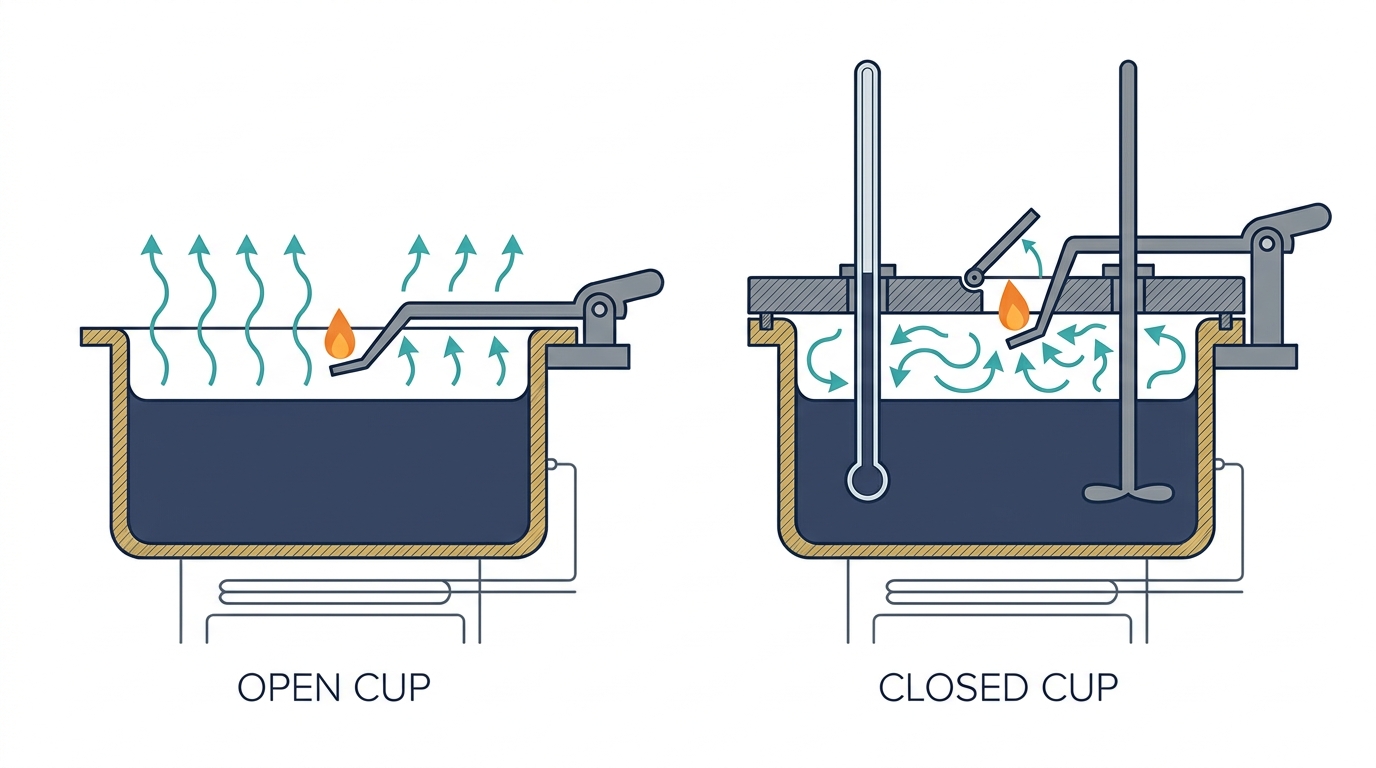 Two side-by-side cross-section schematics of fire-point testers. On the left, the Cleveland open cup: an open dish of oil with vapours rising and escaping freely, an ignition flame sweeping across the open surface, labelled as measuring both flash point and fire point. On the right, the Pensky-Martens closed cup: the same oil dish capped by a lid with a small shuttered opening, vapours confined beneath the lid, labelled as measuring flash point only. A caption strip notes that only the open cup can determine a fire point.